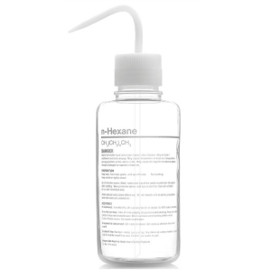 Wash Bottle, Hexane, 500mL, GHS, FEP, Vented, WHITE Screwcap, 4/Unit